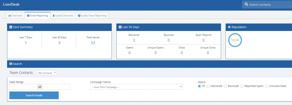 A screenshot of LionDesk's feature to review email reporting including a reputation score and other email analytics.