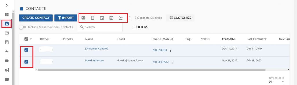 An image of LionDesk's product enhancement that allows users to select multiple contacts for bulk actions.