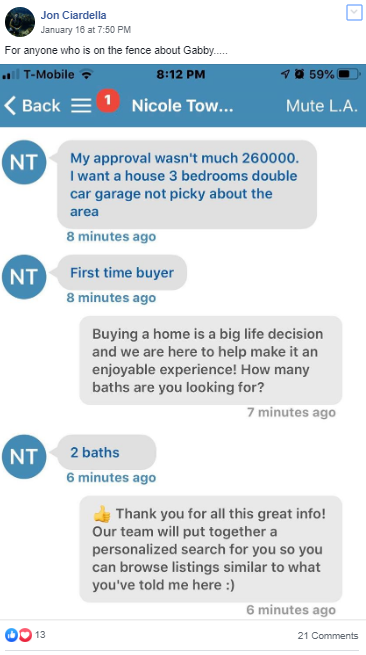 A conversation between a real estate agent's new lead and LionDesk's LeadAsisst tool. 